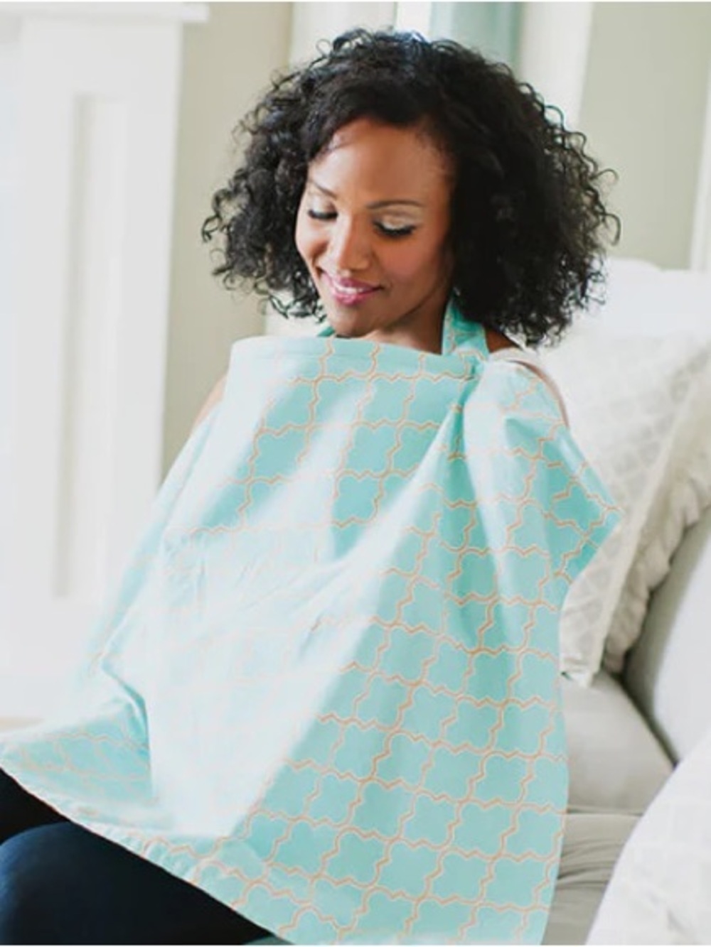 Udder Covers Nursing Cover in Aqua and Tan Geometric Print - Picture 6 of 9